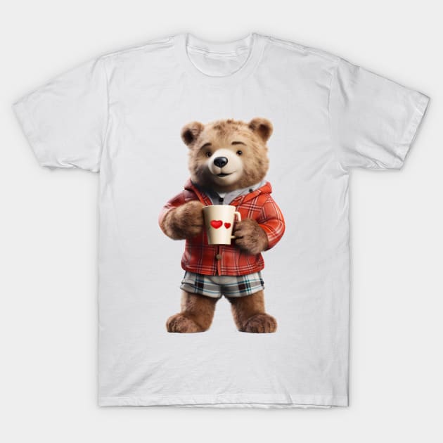 Adorable Teddy Bear Drinking Coffee Early in the Morning T-Shirt by Cuteopia Gallery